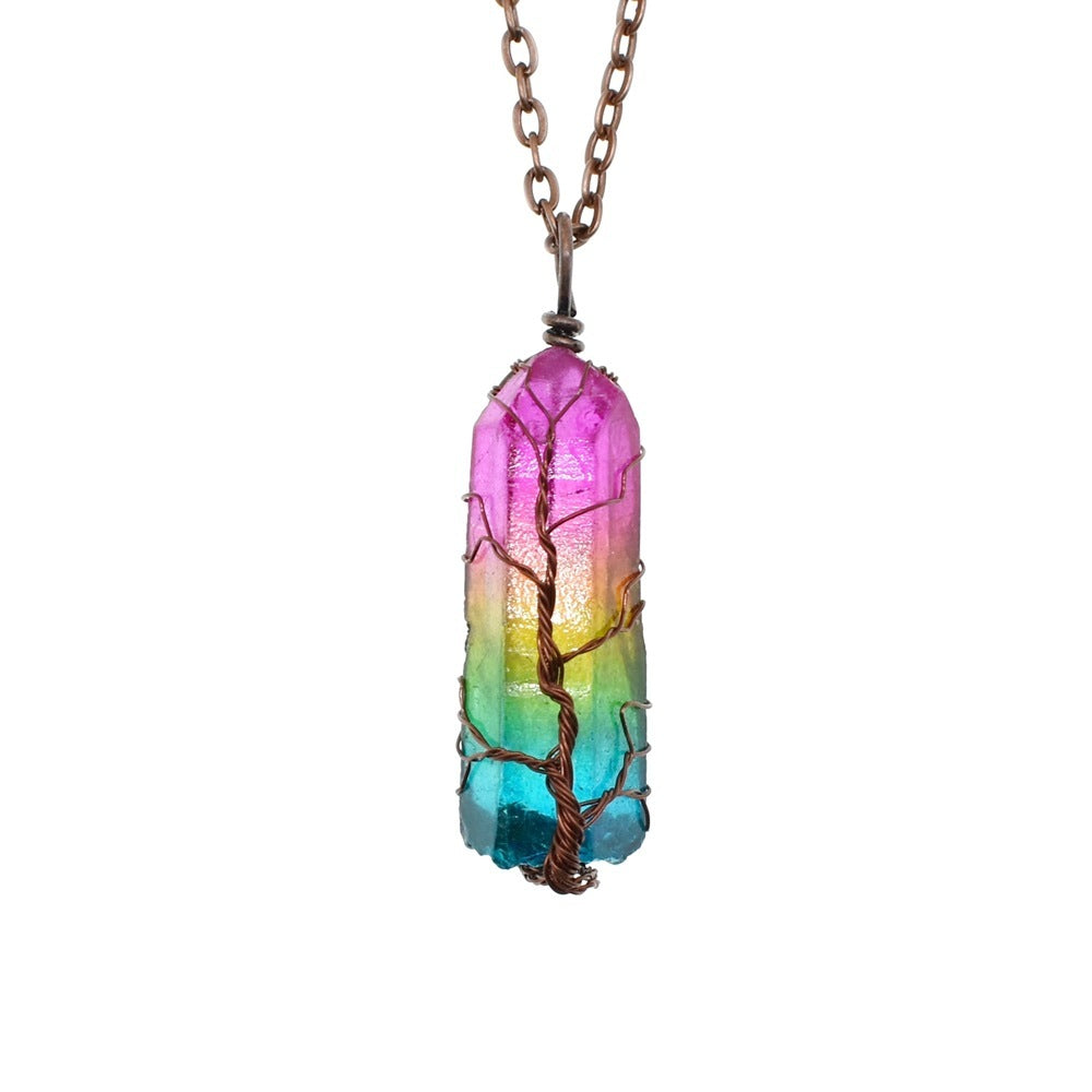 Crystal pillar necklace with Tree of Life Pendant