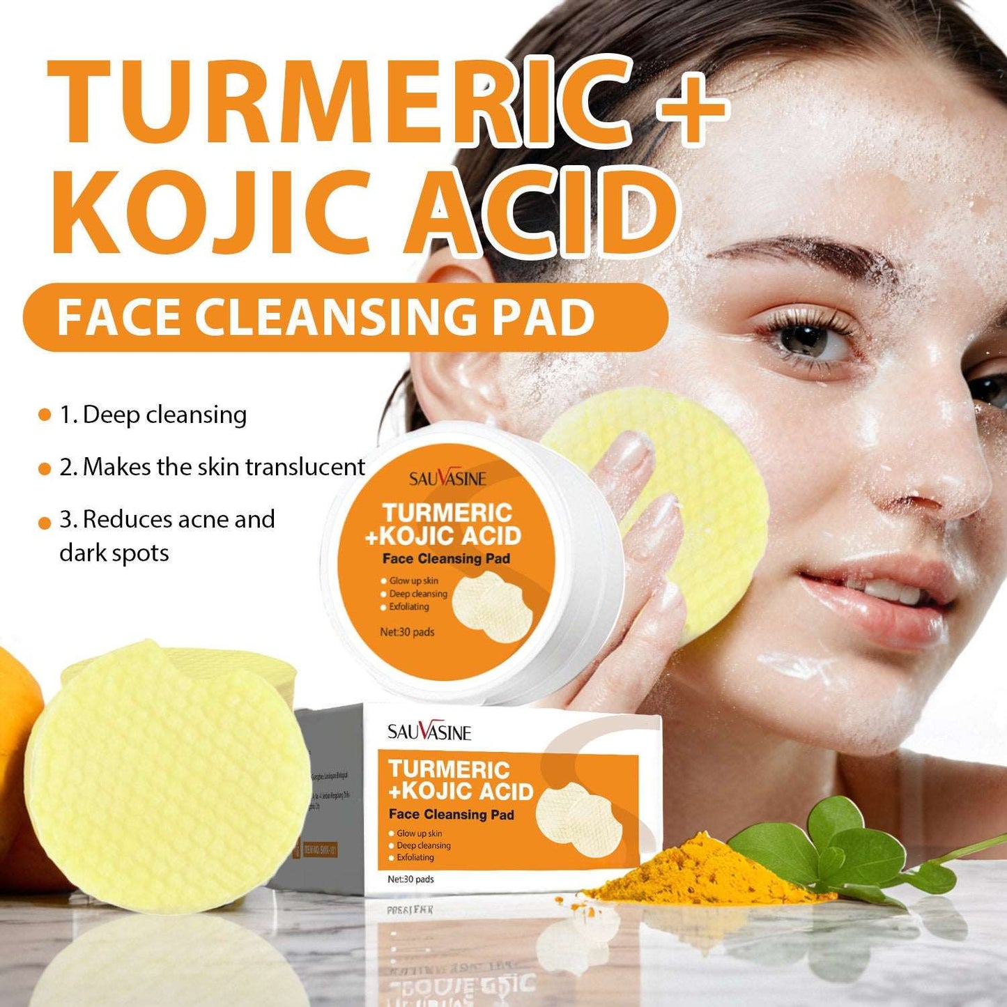 Turmeric Kojic Acid Rengörande Bomullspads – 30 Tabletter